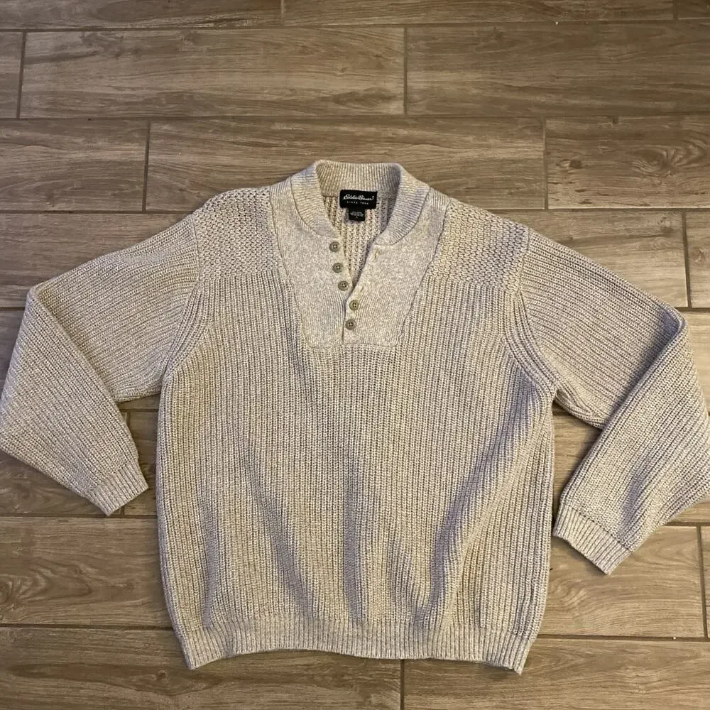 Vintage Eddie Bauer Sweater Mens Large Beige Cotton Henley Knit Pullover - Picture 1 of 6